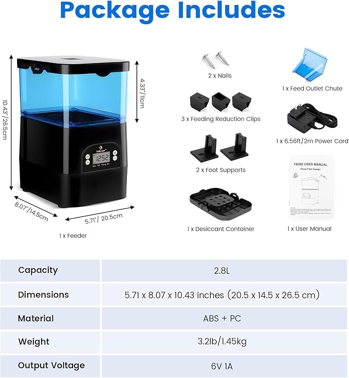 fishkeeper Automatic Fish Feeder for Pond - Weather-Resistant and Tip-Proof Design Precision Feeding for Vacation Dispenser with Timer, Outdoor Koi Fish Feeder, 2.8L LCD Display (Blue)