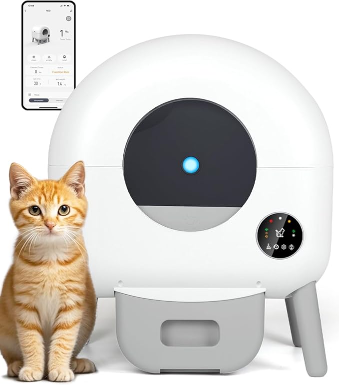 Self Cleaning Litter Box, Automatic Litter Box for Multiple Cats, Dual Safety Protection, APP Control, 1 Roll Garbage Bags and Mat