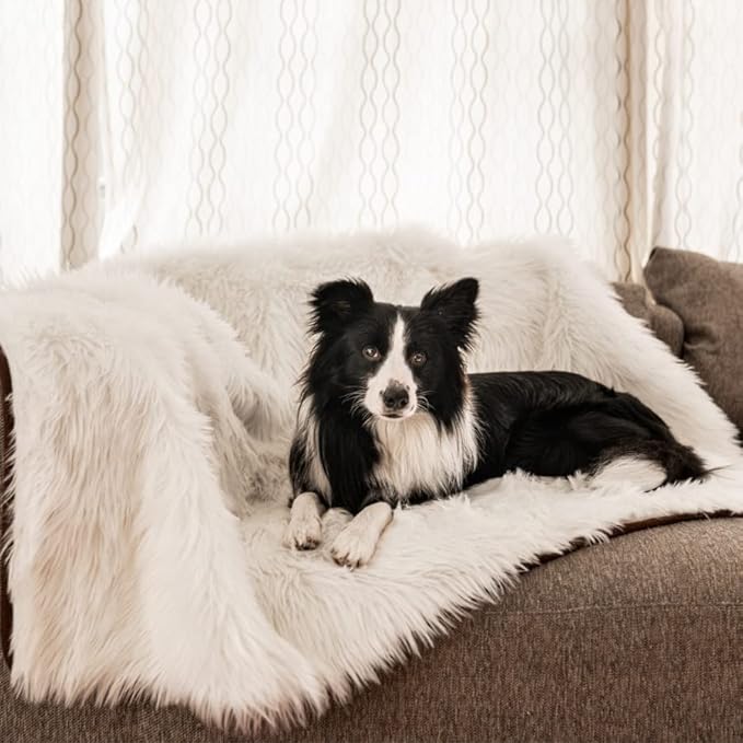 PupProtector Waterproof Throw Blanket for Dogs and Cats, Pet Blanket Cover for Couches, Sofas, Beds, Car Seats, Furniture, Calming Soft Faux Fur, Polar White, Large (80" L x 62" W)