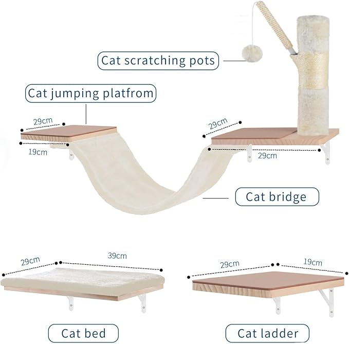 Cat Wall Shelves, Solid Wood Cat Wall Furniture Set, with Cats Bed, Hammock, Felt Ladder, Sisal Scratching Post & Ball (Beige)