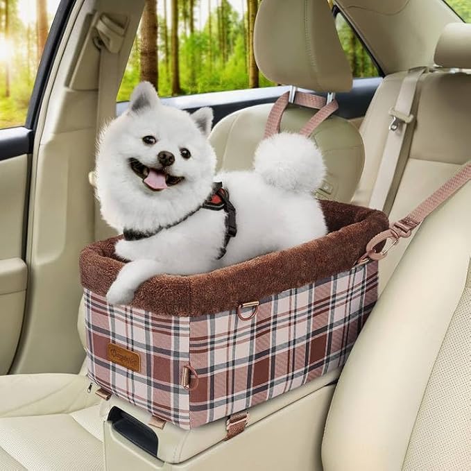 Center Console Dog Car Seat, Puppy Carseat for Small Dogs, Cat Car Seat with Metal Frame and Double Protection Seat Belts, Pet Booster Seat with Washable Cushion and Clip-on Leash Cute Plaid