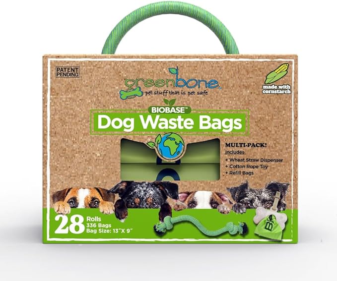 Greenbone BioBase Green Dog Poop Bag Refills: 28 Rolls - 336 Bags with Dispenser and Rope Toy Handle- Dog Gift Set
