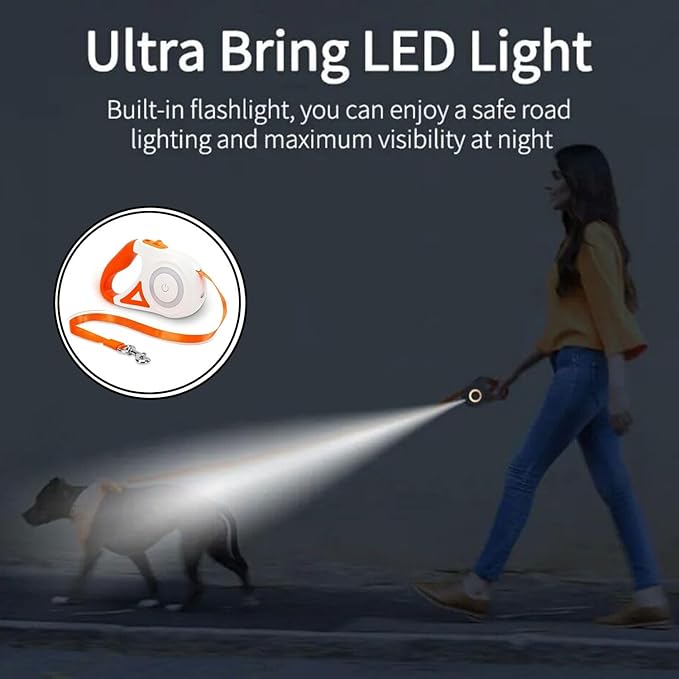 Best Dog Supplies Luminous Retractable Dog Leash with Front Safety Led Light - 5M/16ft 360°Tangle-Free Training Leash for Ultimum Freedom with Anti Slip Handle Dogs & Cats - Orange