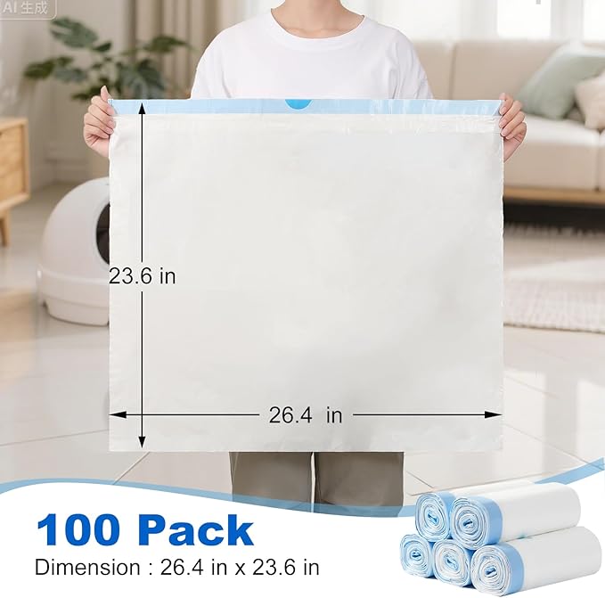 100 Count Litter Box Liners for Litter Robot 4 and 3 Waste Bags, Leak Proof Replacement Jumbo Cat Litter Box Liners, 26" x 24" Extra Thick Cat Litter Bags, Durable Waterproof Litter Bags