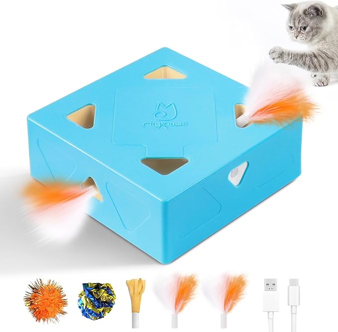 Migipaws MigiBox Cat Toy with PopSkin, Interactive Kitten Toy for Indoor Cats, Automatic Pop Out Feathers from 7 Holes Randomly, Pounce Mystery Under Cover to Stimulate Bored Furry, Rechargable