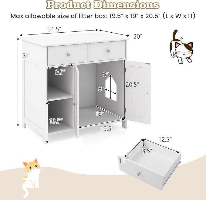 Tangkula Litter Box Enclosure, 31.5 Inch Enclosed Cat Box Cabinet with 2 Storage Drawers, Double Doors & 2 Open Shelves, Hidden Cat Washroom, Modern Cat Litter Box Furniture for Indoor Cats