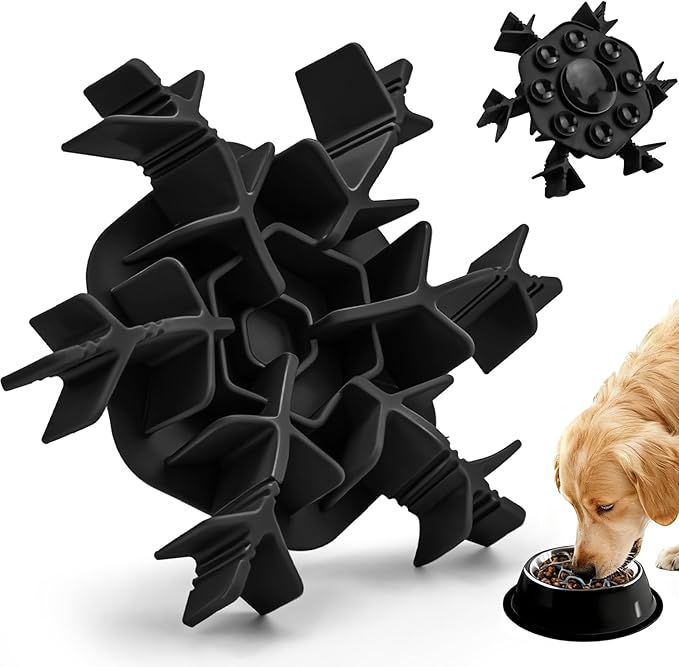 Dog Slow Feeder Insert Silicone Adjustable for 4.7-7" Stainless Steel Dogs Bowls Standard Elevated, Anti-Slip Suction Cup All Large Breed Cat Slow Feeders Health Feeding Eating Extra Slowfeeder, Black
