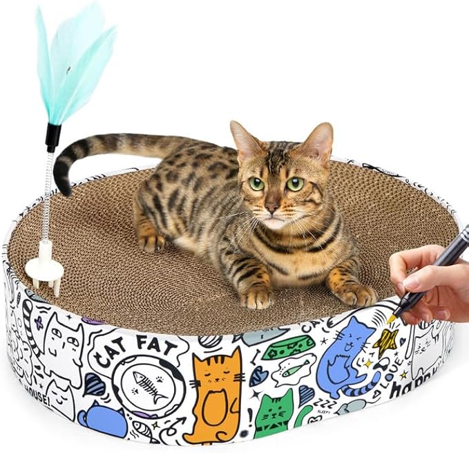 Cat Scratcher Cardboard 2in1 Oval Cat Scratcher Bed for Indoor Cats Cat Scratch Pad Bowl with Scratching Toy Corrugated Lounge Bed&Furniture Protector &Training Toy XL(Graffiti