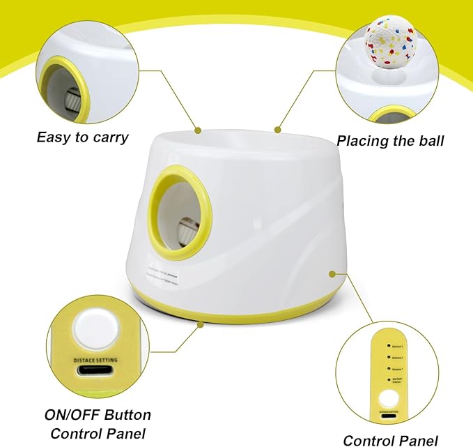 Automatic Dog Ball Launcher with 6 ETPU Balls, White, Adjustable Distance 20-45ft, USB Rechargeable, Interactive Pet Toy-Blue (Yellow)