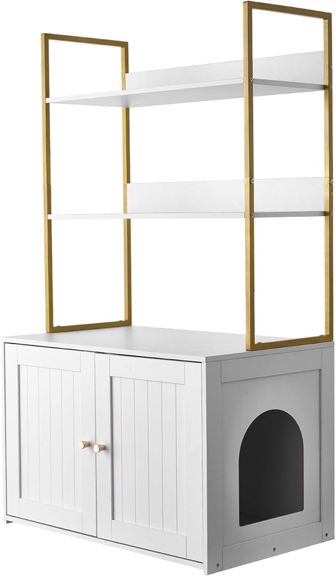 VEVOR Cat Litter Box Enclosure Furniture, 27.6 in Hidden Litter Box Cabinet with Metal Legs & 2-Tier Storage Shelves, Waterproof Washroom Cat House, Fit Most of Litterbox, for Living Room