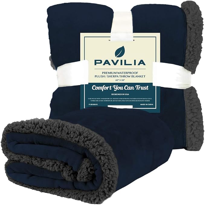 PAVILIA Waterproof Blanket Throw Navy Grey Queen,Waterproof Pet Blanket for Dog Couch Protection,Leak Proof Sherpa Fleece Blanket for Bed Sofa,Liquid Resistant Large Plush Throw,90x90 Inches