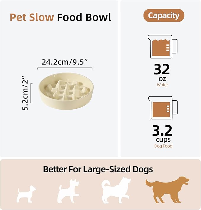 Ceramic 3.2 Cup Dog Bowl Slow Feeder, 9.5 inch Slow Pet Food Dish for Large Dog, Stop Bloat, Preventing Choking(Single Bowl, Beige)