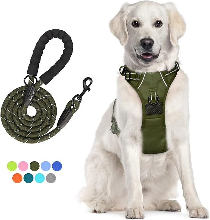 PoyPet No Pull Dog Harness and 5 Feet Leash Set, Release on Neck Reflective Adjustable Pet Vest, Front & Back 2 D-Ring and Soft Padded Pet Harness with Handle for Small to Large Dogs(Military Green,L)