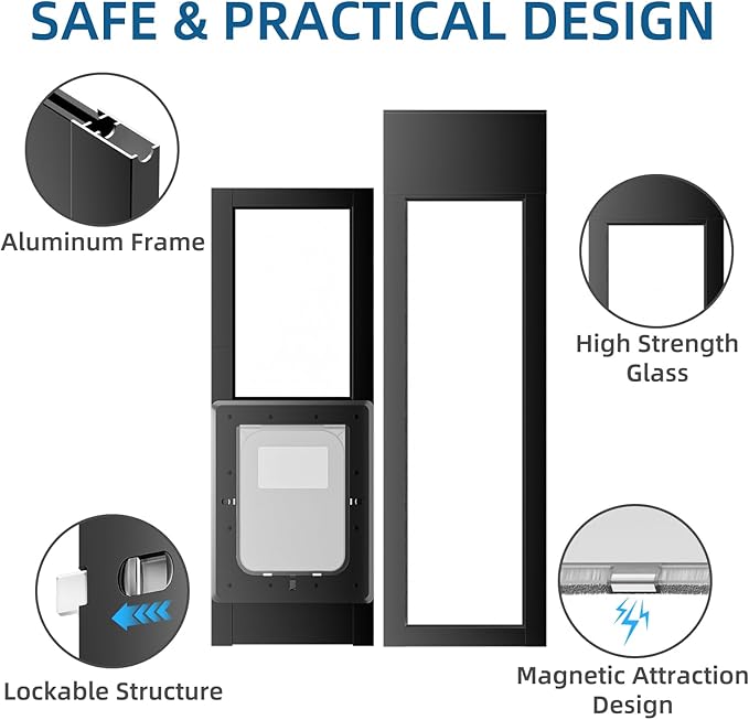 Dog Door for Sliding Glass Door, Magnetic Plastic Flap Sliding Door Pet Insert with Lock, Adjustable Height 74.2”-80.7”, No-Cut Installation for Patio Dog Access(Black S)