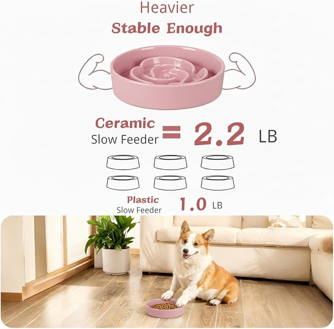 TRUVIC Ceramic Slow Feeder Dog Bowls, 1.5 Cup Puzzle Slow Feeder Bowls for Fast Eaters, Ceramic Dog Food Dish no Black Chin, Puzzle Bowl for Medium Dogs, Pink