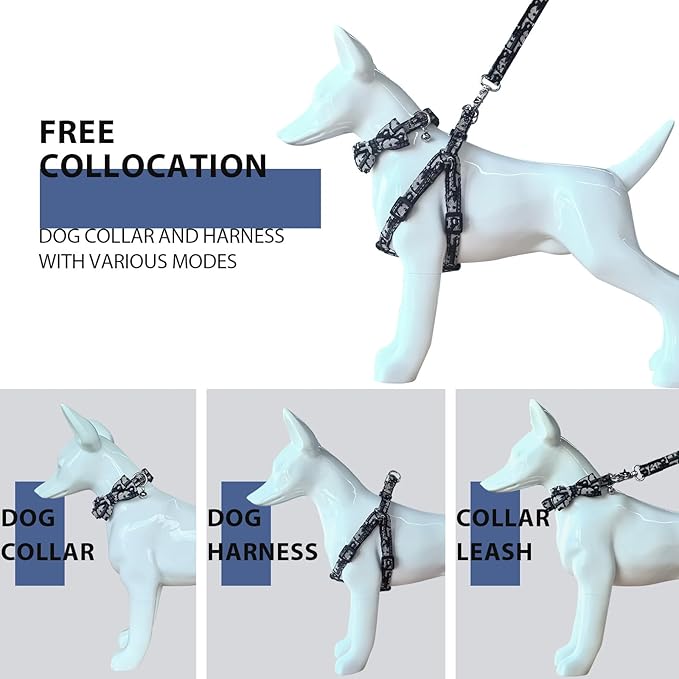 Dog Collar and Harness with Leash Set, Breathable Puppy Harnesses for Small Dogs, No Pull Easy Walking Pet Harness, Black, S