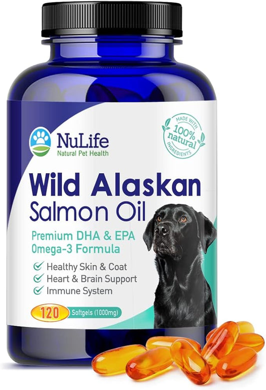 Pure Wild Alaskan Salmon Oil for Dogs, Omega 3 Fish Oil Supplement for Healthy Skin & Shiny Coat, Prevents Itchy Skin, Skin Allergies & Shedding, 120 Soft Capsules