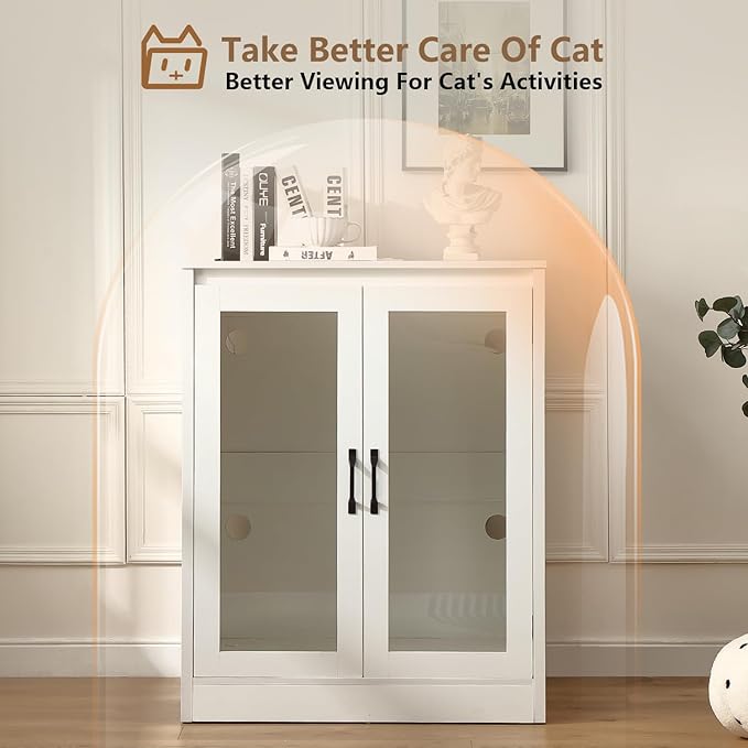 Cat Litter Enclosure with Cat-Observant Glass Doors,Litter Box Cabinet with Cozy LED for Cats,Reversible and Optional Entry(Left or Right),Power Outlet for More Choice, (White)