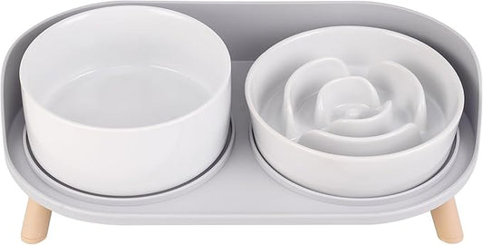 Elevated Slow Feeder Dog Bowls - Ceramic Food and Water Bowl Set with Stand - Raised Pet Dishes for Small and Medium Sized Dogs