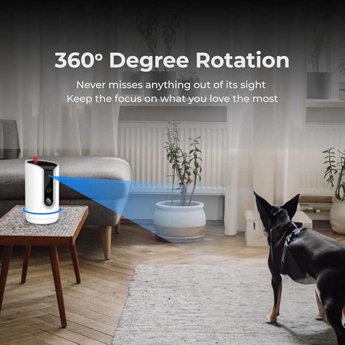 WaggleCam 2K Pet Camera and Treat Dispenser with 360° AI Tracking, 2-Way Audio, Motion Alerts, Night Vision, Dual-Band WiFi (2.4 GHz or 5 GHz) – Indoor Use