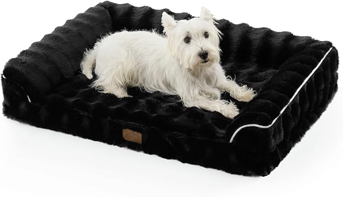 Faux Rabbit Fur Orthopedic Dog Bed, Dog Bed for Large Size, Supportive Foam Pet Sofa with Waterproof Lining Cover, Washable U-Shaped Pet Couch with Anti-Slip Bottom, Black L 36x27x6.5 inch