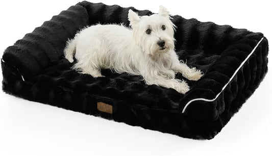 Faux Rabbit Fur Orthopedic Dog Bed, Dog Bed for Large Size, Supportive Foam Pet Sofa with Waterproof Lining Cover, Washable U-Shaped Pet Couch with Anti-Slip Bottom, Black L 36x27x6.5 inch