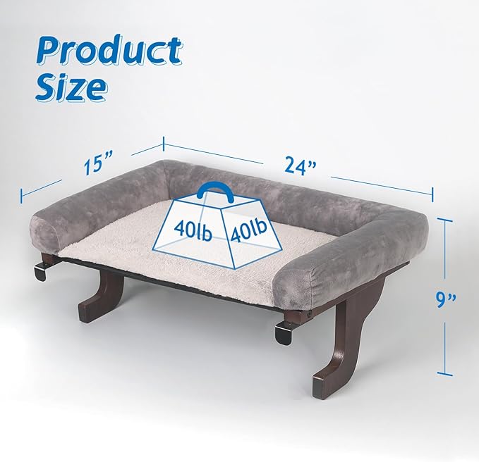 Zakkart Cat Perch for Window Sill with Bolster - Orthopedic Hammock Design with Premium Hardwood & Robust Metal Frame - Cat Window Seat for Large Cats and Kittens - Dark Stained Wood Gray Bed, 24''W