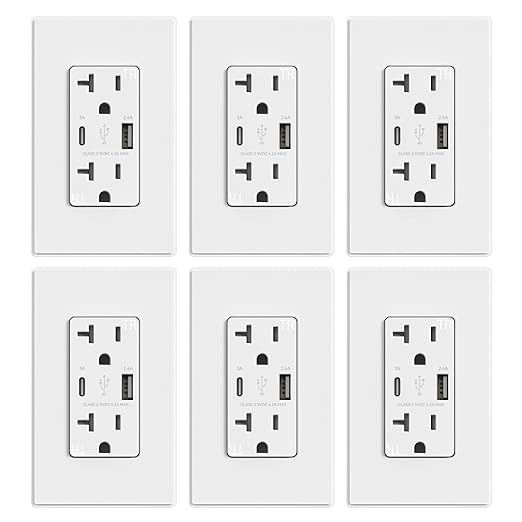 ELEGRP USB Charger Wall Outlet, USB Receptacle with Type A & Type C USB Ports, 20 Amp Duplex Tamper Resistant Receptacle Plug, Wall Plate Included, UL Listed (6 Pack, Matte White)
