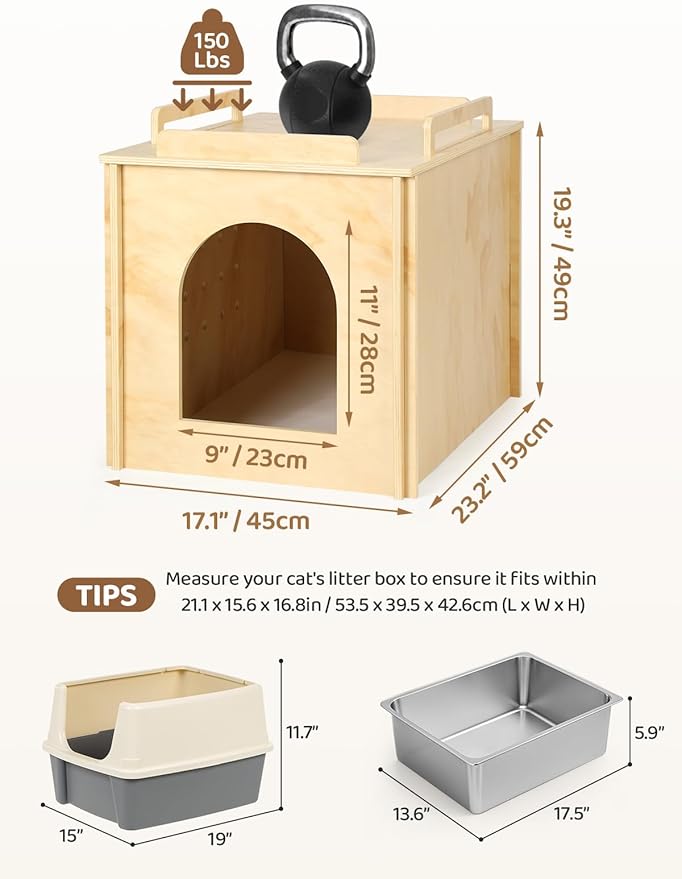 Wooden Cat Litter Box Enclosure, Hidden Litter Box Furniture with Litter Mat, Multi-Functional Cat House, for Living Room Bedroom Indoor, 23.2 x 17.7 x 19.3 inches, Natural