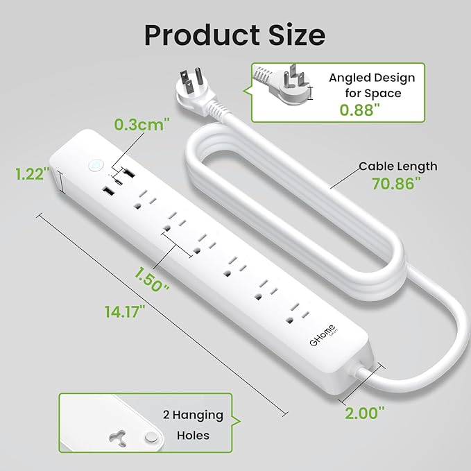 GHome Smart Power Strip 15A, 2.4G WiFi Smart plugs that work with Alexa & Google Home, Surge Protector Flat Plug with 6 APP Control WiFi outlets, FCC Listed, 7.18 ft flat extension cord, No Hub Needed
