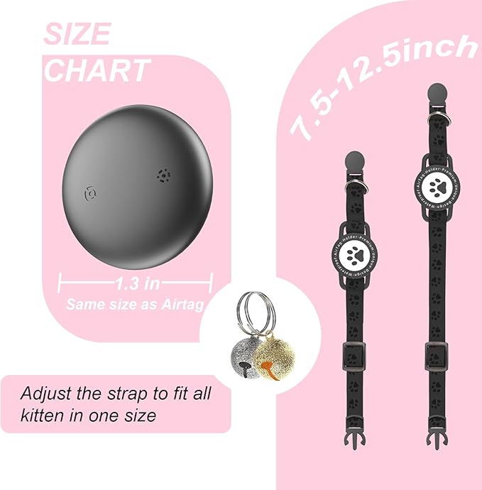 GPS Tracker for Cats, Waterproof GPS Cat Trackers Cats Collar with Bells, No Subscription, GPS Cat Collar, Adapt with Apple Find My (iOS Only) Finder Tag for items Pets Christmas Gift (BLACK)