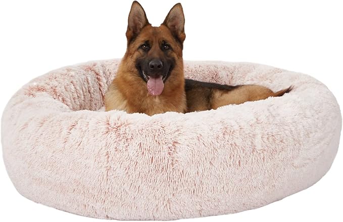 Bedfolks Calming Donut Dog Bed, 45-Inch Round Plush Anti-Anxiety Dog Bed, Washable with Non-Slip Bottom (Pink, Extra Large)