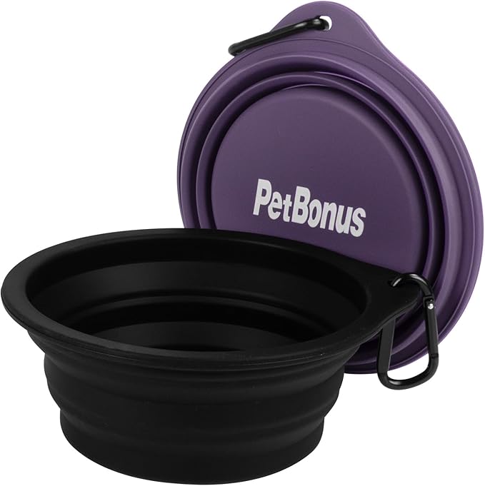 PetBonus 2-Pack Silicone Collapsible Dog Bowls, BPA Free Dishwasher Safe, Portable Foldable Expandable Travel Bowl, Food Water Feeding Cup Dish for Dogs Cats with 2 Carabiners (Black, Dark Purple)