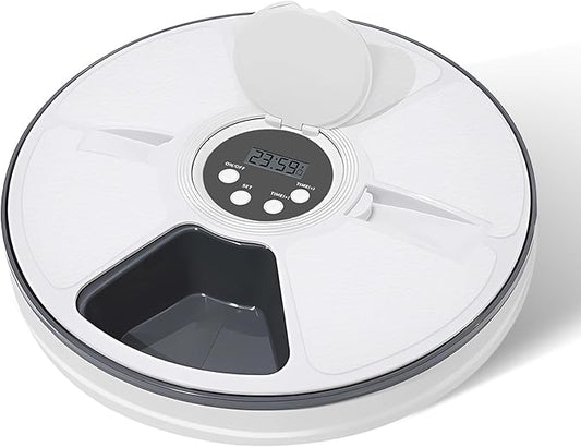 Automatic Cat Feeder for Dry Food,Supplement & Treats， 6 Compartment Timed Cat Food Dispenser for Cats and Small Dogs，No Ice Needed Automatic Dog Feeder(Black)