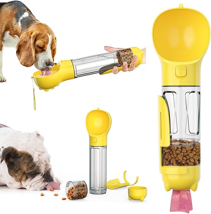 16.9oz Portable Pet Water Bottle Food Container,Travel Drink Feeder Cup Food Dispenser with Poop Shovel 17Pcs Waste Bag,for Dog Pets Walking Hiking (Yellow, 10.1oz(300ml))