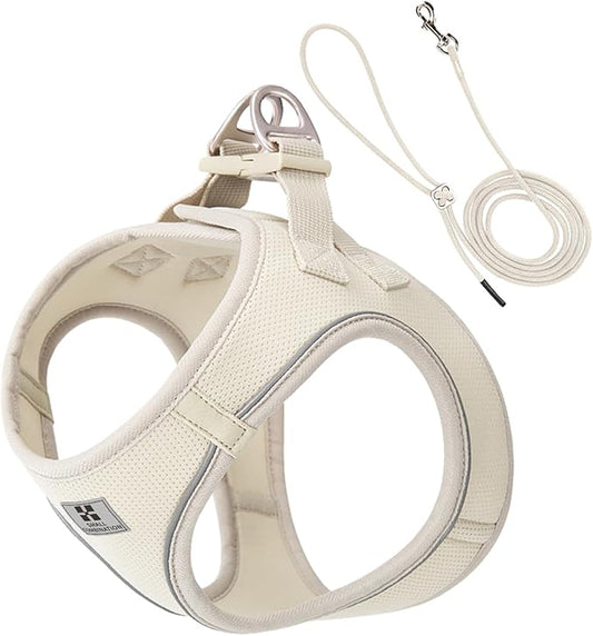 Adjustable Dog Harness with Leash, Reflective Mesh, No-Pull Design，Matching Lead Rope (Cream-Coloured, S)