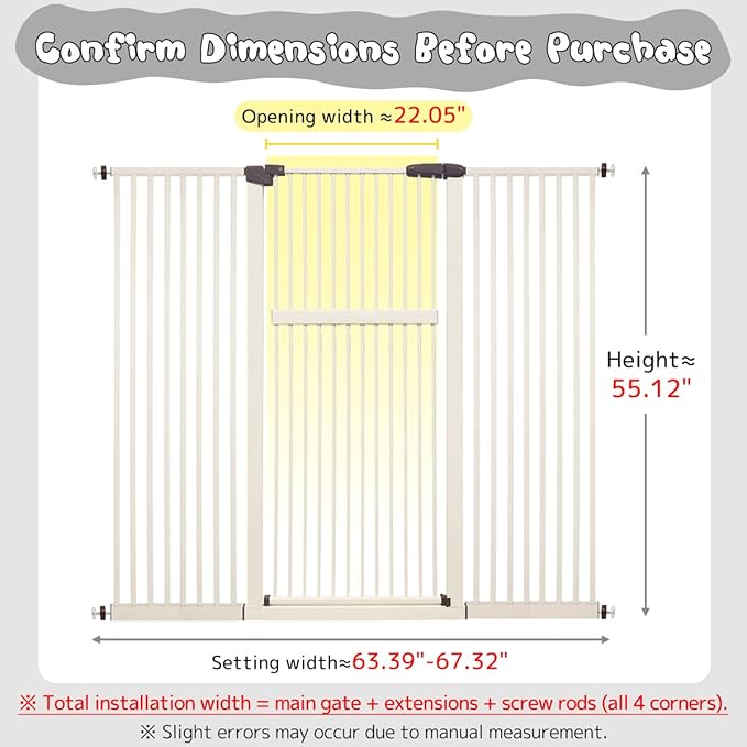 Lumizone Extra Tall Pet Gate 55.12" High Pressure Mounted 63.39"-67.90" Extra Wide (9 Sizes) 1.37" Gap for Cat Dog Stairs Doorway Hallway No Drilling Auto-Close (63.39"-67.90" W, Cream White)