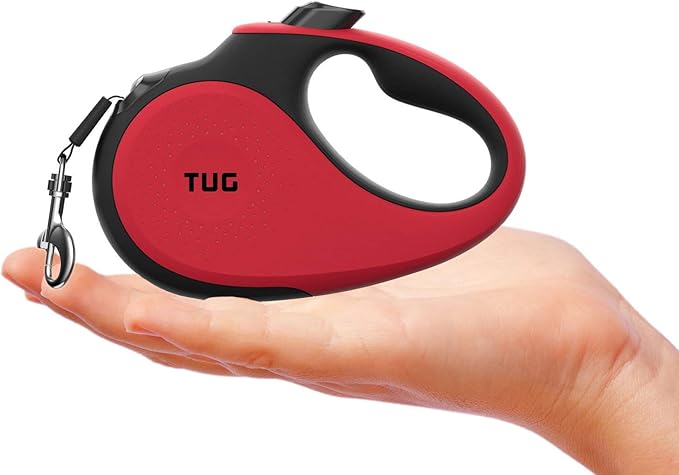 TUG Tiny 360° Tangle-Free Retractable Dog Leash with Anti-Slip Handle | 10 ft Nylon Tape | One-Handed Brake, Pause, Lock (Red)