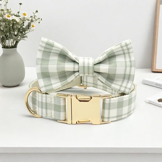 PETDURO Personalized Dog Collar Sage Green Plaid for Large Medium Dogs | Engraved Name and Phone Number on Gold Metal Buckle for Boys & Girls | Add Leash & Bow Tie via Customize Now