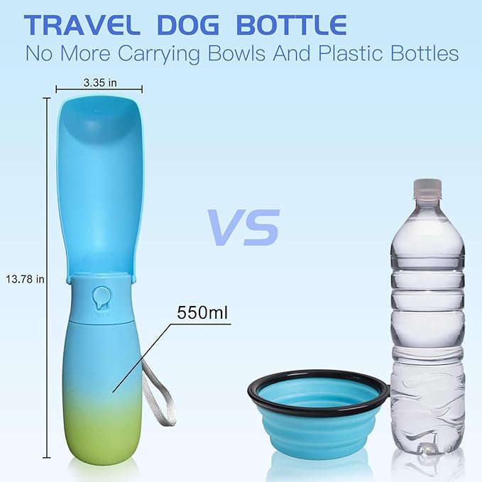 Travel Dog Water Bottle Dispenser-Food Grade Plastic, Portable Dog Water Bowl for Small Medium Large Dogs Puppy, Dogs Essentials for Outdoor Walking Hiking, Dog Gifts (19Oz, Blue&Green)
