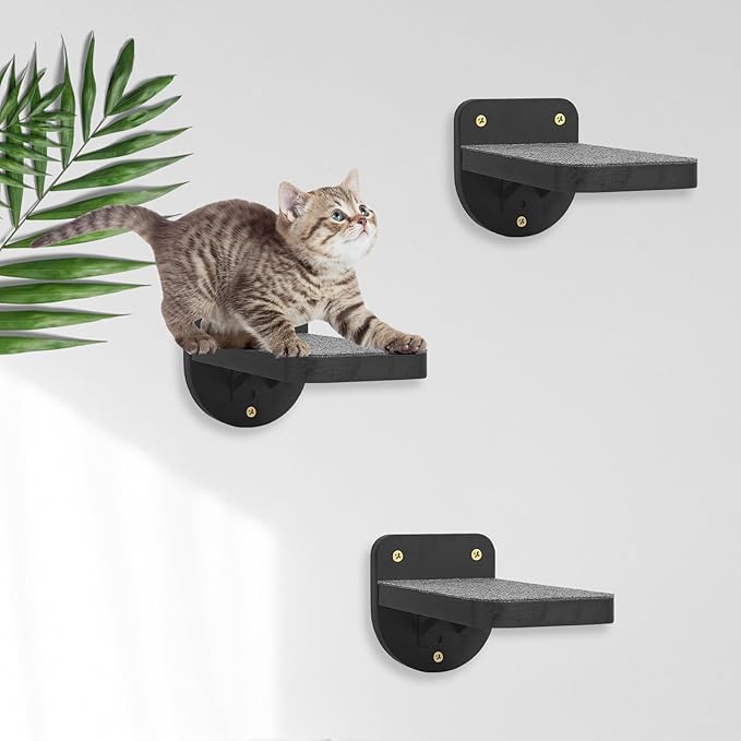 ESPETS Set of 3 Black Natural Sturdy Wood Cat Wall Floating Steps - Wall Mounted Cat Climbing Shelves and Perches, Kitty Stairs Climber Ladder for Wall - Holds up 35lbs