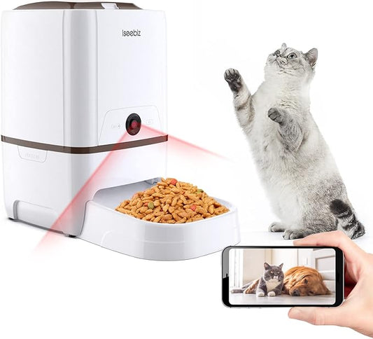 Iseebiz Automatic Pet Feeder with Camera, 6L App Control Smart Feeder Cat Dog Food Dispenser, 2-Way Audio, Voice Remind, Video Record, 6 Meals a Day for Medium Large Cats Dogs, Compatible with Alexa