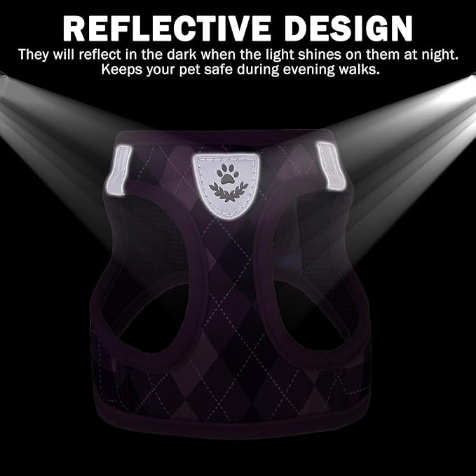 SCENEREAL Small Dog Harness and Leash Collar Set, Step in No Pull Soft Mesh Dog Harnesses for Small Medium Sized Dogs Puppy and Cats Outdoor Walking, No Chock Reflective Vest Harness, Purple Plaid S