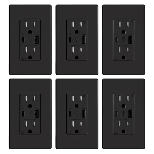 ELEGRP USB Charger Wall Outlet, USB Receptacle with Type A & Type C USB Ports, 15 Amp Duplex Tamper Resistant Receptacle Plug NEMA 5-15R, Wall Plate Included, UL Listed (6 Pack, Matte Black)