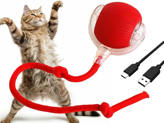 Cat Smart Rolling Ball [RED], LED Lights, Indoors for Active Cats - Rechargeable, Automatic, Speedy Tail/Rope