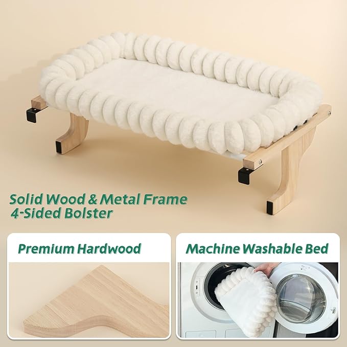 Zakkart SnugCloud Cat Window Perch with 4-Sided Bolster - Orthopedic Cat Hammock for Window Sill - Solid Hardwood & Metal Frame - Window Seat for Pets (Natural Color Wood w/White Bed, Medium)