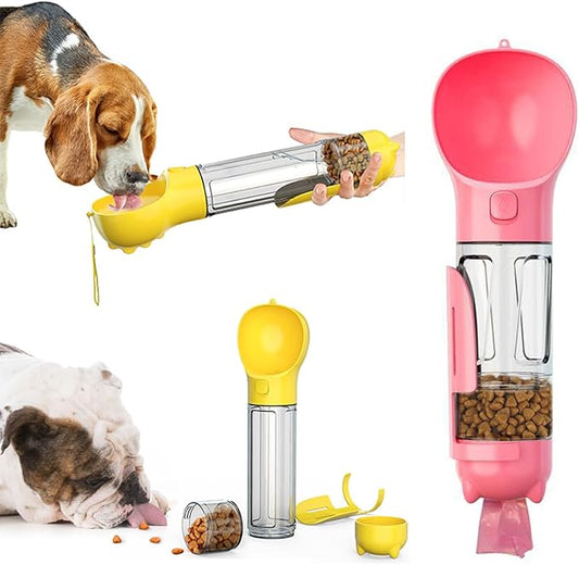 16.9oz Portable Pet Water Bottle Food Container,Travel Drink Feeder Cup Food Dispenser with Poop Shovel 17Pcs Waste Bag,for Dog Pets Walking Hiking (Pink, 10.1oz(300ml))