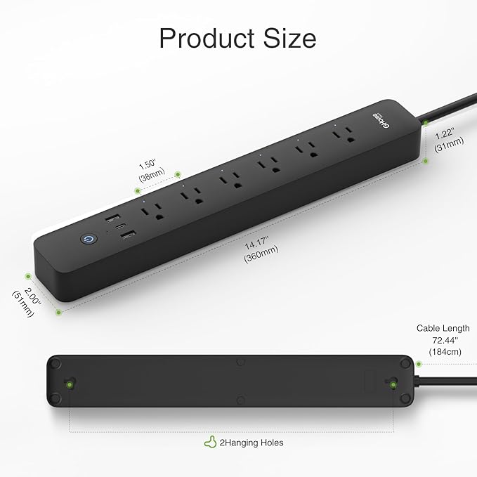 GHome Smart Plug Power Strip with 6 Smart Outlets & 3 USB Ports (30W Fast Charge, 2A1C), WiFi Surge Protector Works with Alexa & Google Home, Energy Monitoring, 2.4GHz Only, No Hub Required, Black