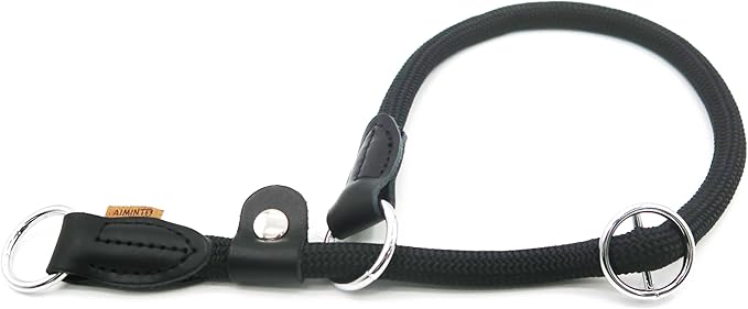 Braided Round Martingale Dog Collar, Training Collar with Slidable Stop Ring and Adjustable Stopper - Ideal for Extra Large Dogs (XL(1/2") - 24" Long, Black)