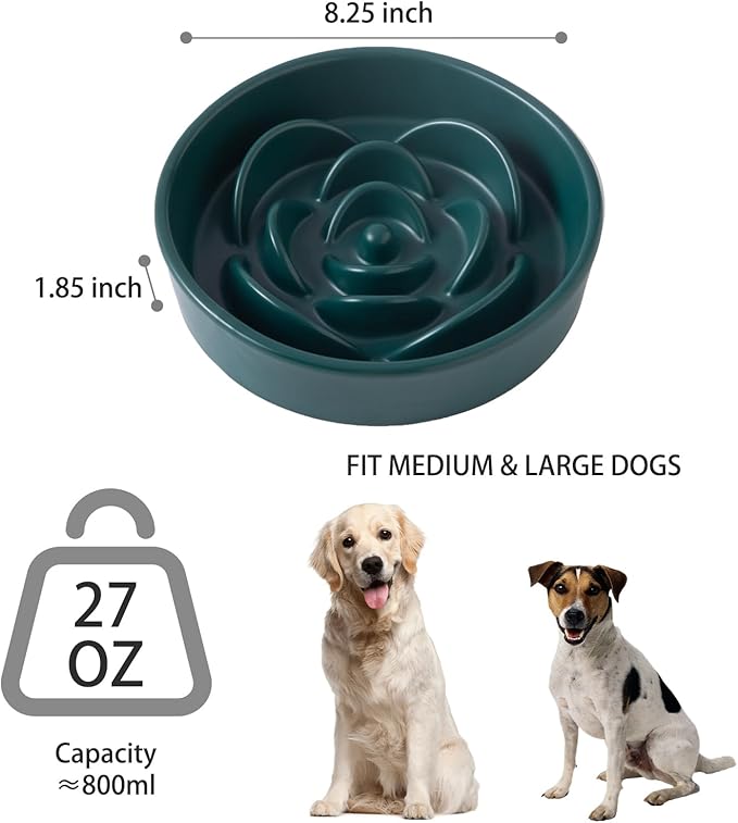 8.25'' Ceramic Slow Feeder Dog Bowls - Petal Shape Modern Dog Food Dish for Medium and Large Breeds, Puzzle Maze Bowl to Slow Down Eating, Anti-Gulping, Dishwasher & Microwave Safe, Green